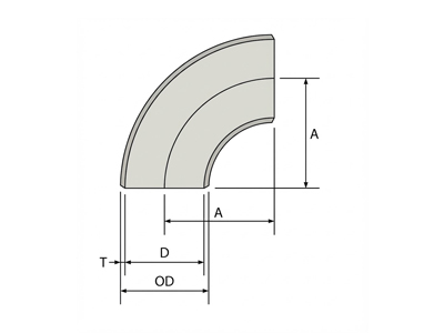 Technical diagram of a 90-degree pipe elbow showing dimensions
